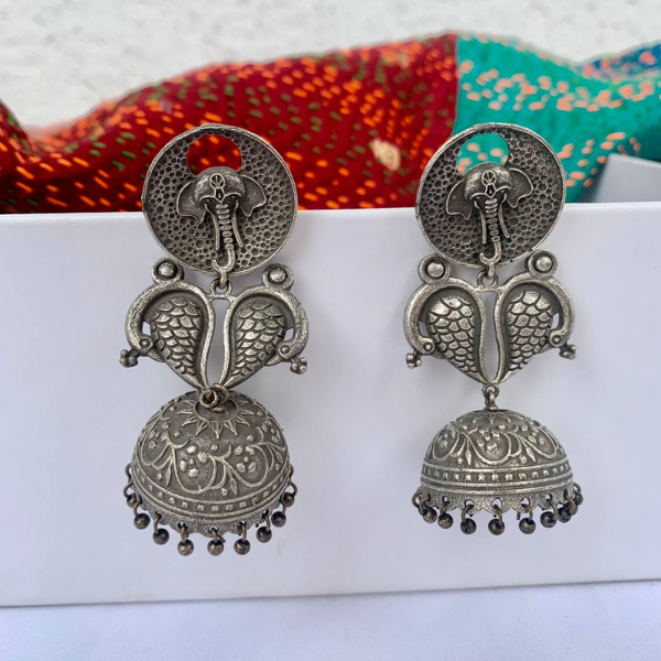 Daliah Handcrafted Big Temple Oxidised Pure Silver Earrings  WeaverStory