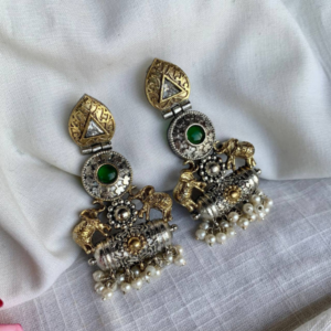 Sona Chandi- Dual Tone Elephant Motif Earring-Green