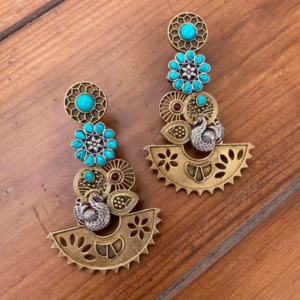Sona Chandi- Copper Dual Tone Peacock Earring- Turquoise
