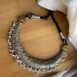 Dual Tone Oxidised Carved Hasli Necklace
