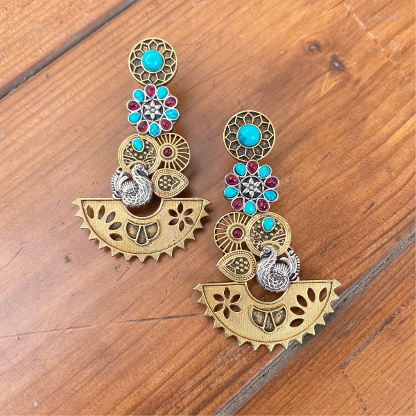 Sona Chandi- Copper Dual Tone Peacock Earring- Ruby & Turquoise