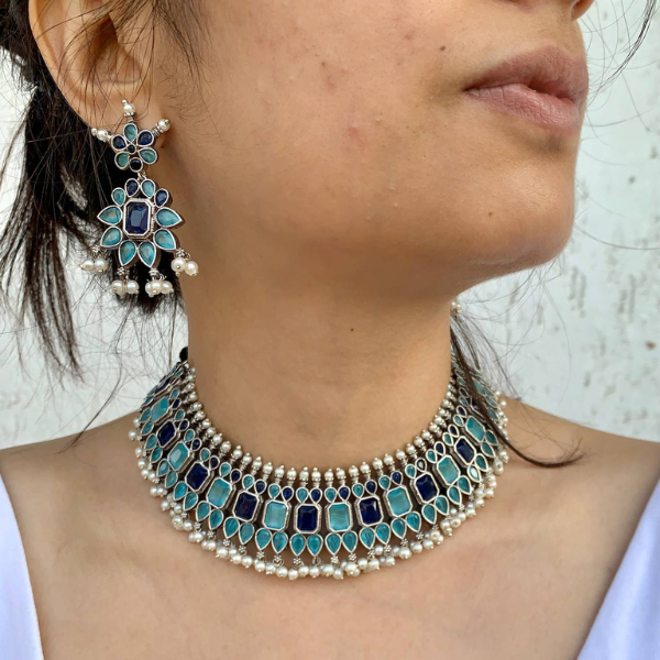 Oxidised Silver Plated Handcrafted Blue Stone Necklace Set