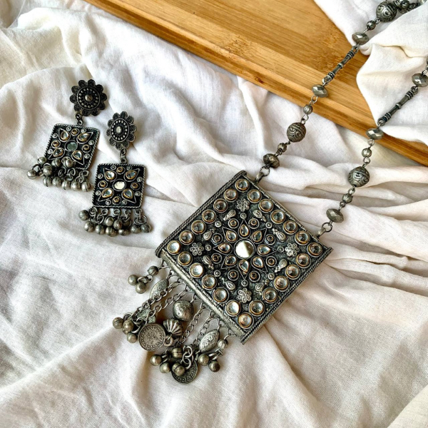 Oxidised Long Designer Necklace Set