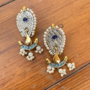 Peacock Style Dual Tone Brass Earring- Blue