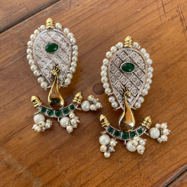 Peacock Style Dual Tone Brass Earring- Green