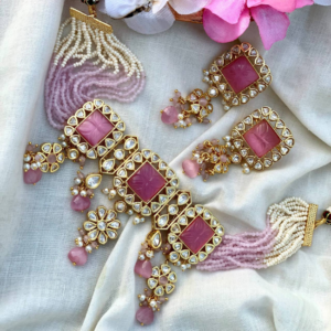 Pastel Pink Carved Stone Kundan Choker Set with Beads