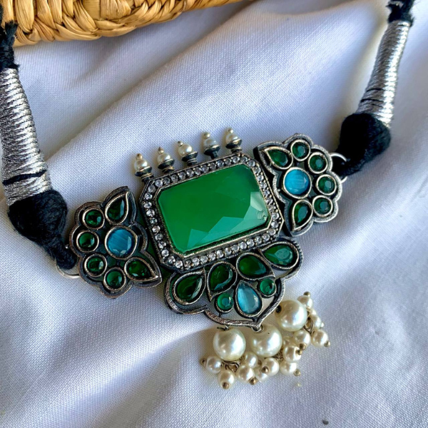 Green Stone Designer Oxidised Necklace Set