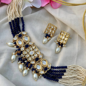 Blue Jadau Kundan Choker Set With Pearl Drops And Beads