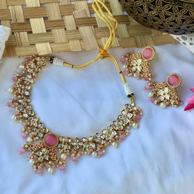 Pastel Pink Carving Stone Kundan Polki Necklace Set