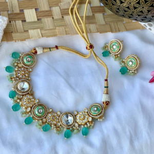 Gold-Plated Meenakari In Mint Green Beads Kundan Jewellery set