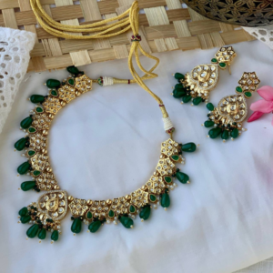 Kundan Polki Necklace Set With Green Beads Drop