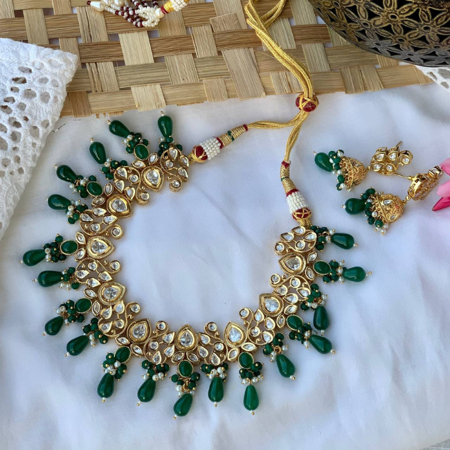 Victorian Polki Green Beads Necklace Set