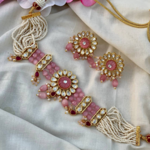Pastel Pink Carved Stone Jadau Kundan Choker Set with Beads