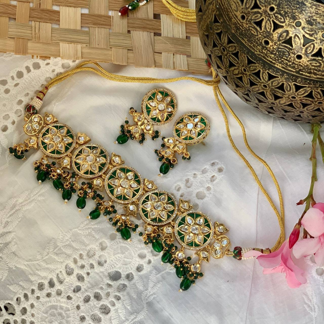 Jadau Kundan Royal Choker Set- Green