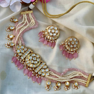 Kundan Choker Set Adorned With Pearls And Pastel Pink Beads