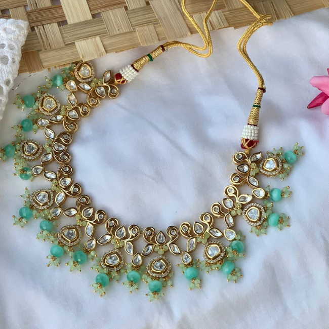 Mint Green Polki Necklace With Kundan Stone