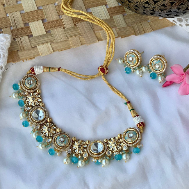 Gold-Plated Meenakari In Turquoise Beads Kundan Jewellery set