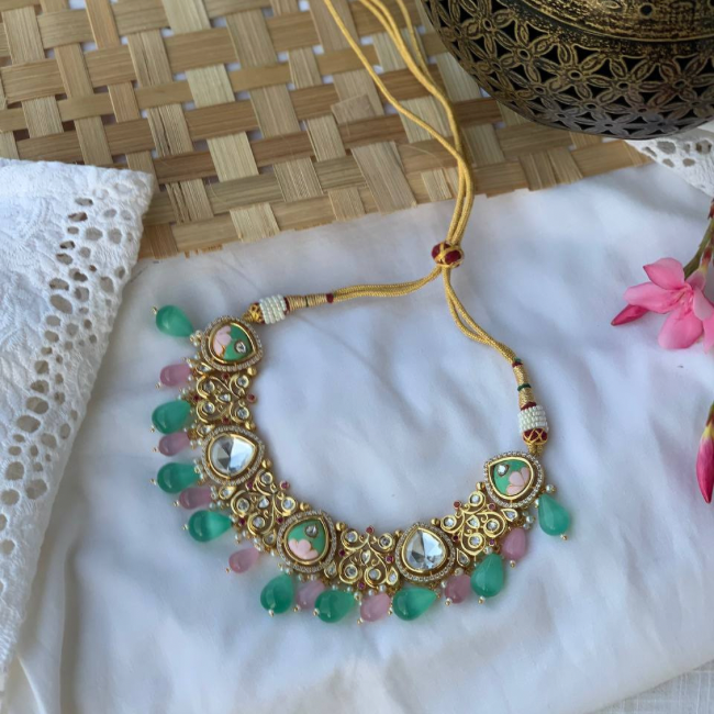 Gold-Plated Meenakari In Pastel Beads Kundan Jewellery set