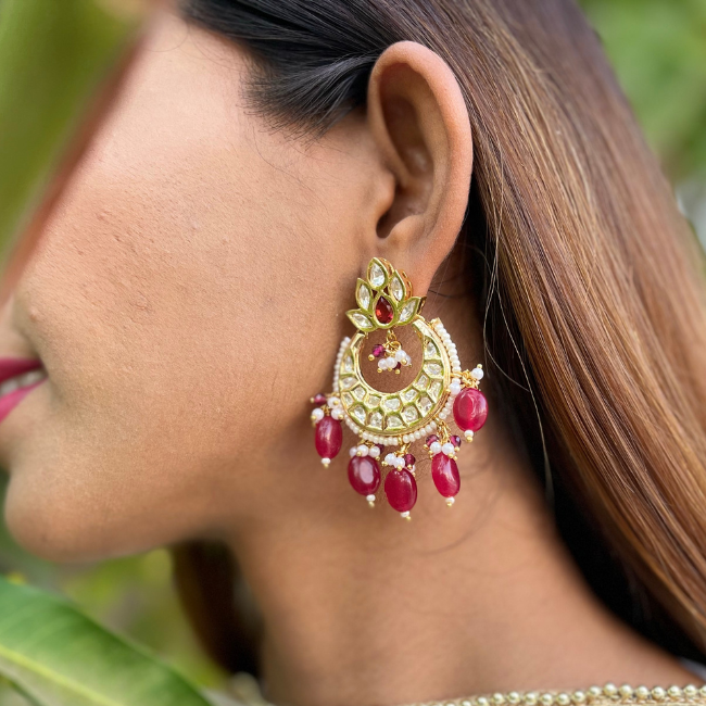 Gold Tone Jadau Kundan Earring With Red Drops