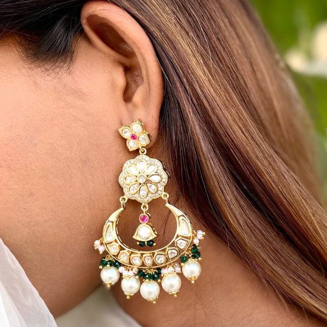 Gold Tone Jadau Kundan Chandbali Earring With Pearl Drops