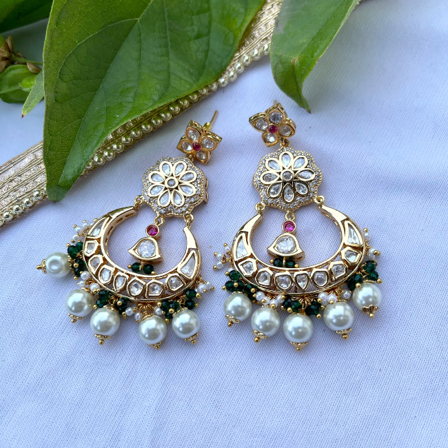 Kundan Polki Chandbali Earrings With Pearl Drops