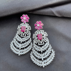American Diamond Long Earring In Floral Design- Ruby