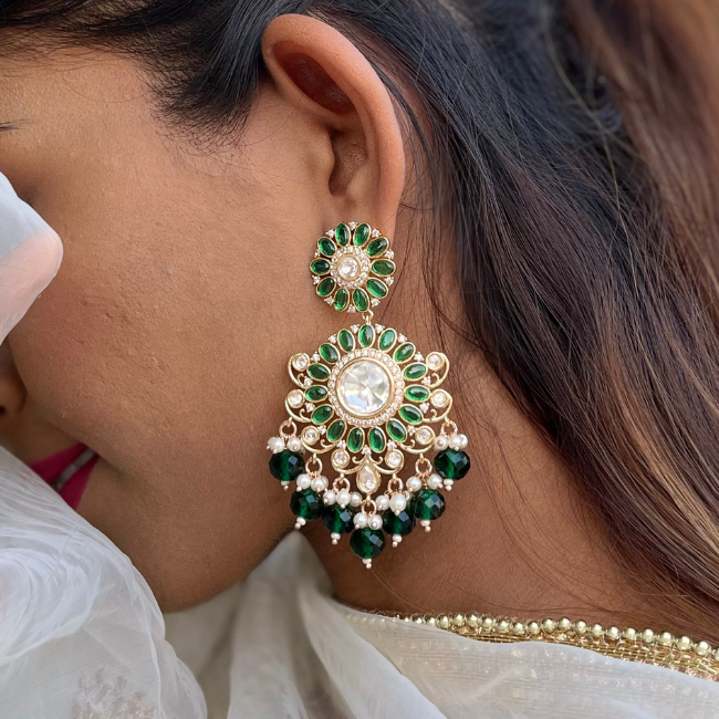 Victorian Kundan Earring With Green Beads