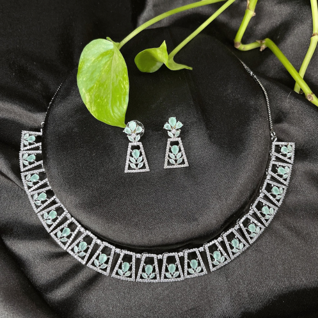 Mint Green American Diamond jewelry in Silver Finish