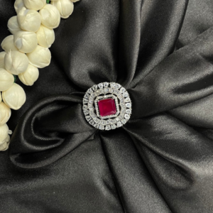 Ruby American Diamond Ring In Rhodium Plated