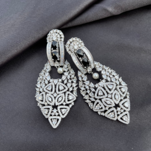 CZ American Diamond Long Earring- Black