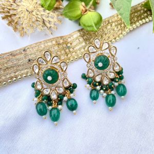 Kundan Polki Green Carving Stone Stud Earring