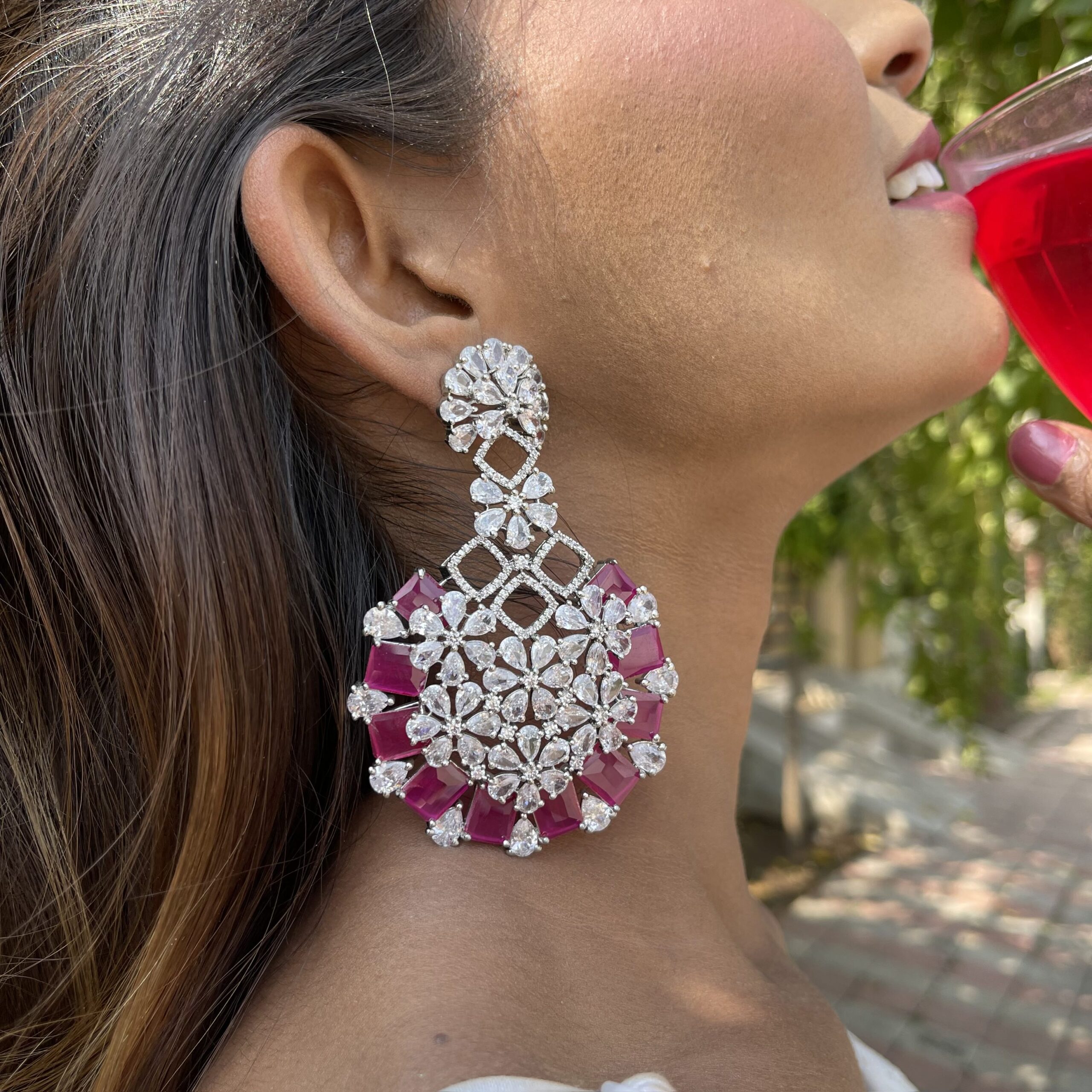 American Diamond Danglers In Ruby Stone