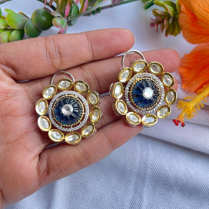 Blue Carved Stone Kundan Flower Stud Earring