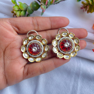 Ruby Carved Stone Kundan Flower Stud Earring