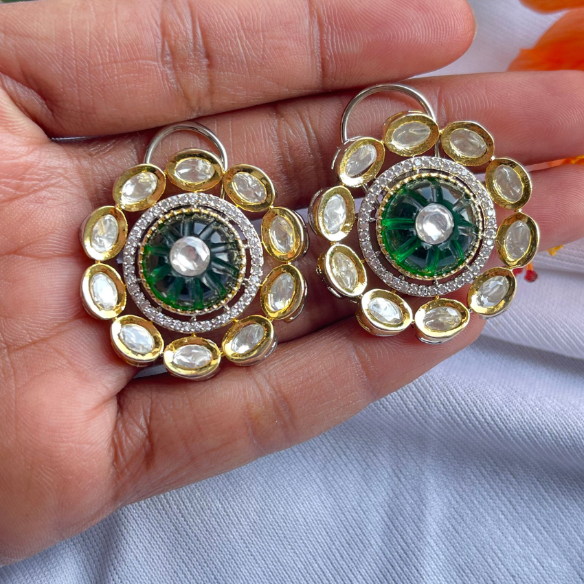 Emerald Carved Stone Kundan Stud Earring