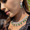 American Diamond Emerald Necklace In Rhodium Polish