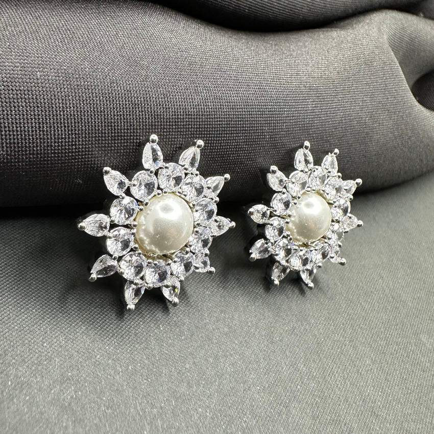 Sparkling American Diamond Pearl Stud Earrings