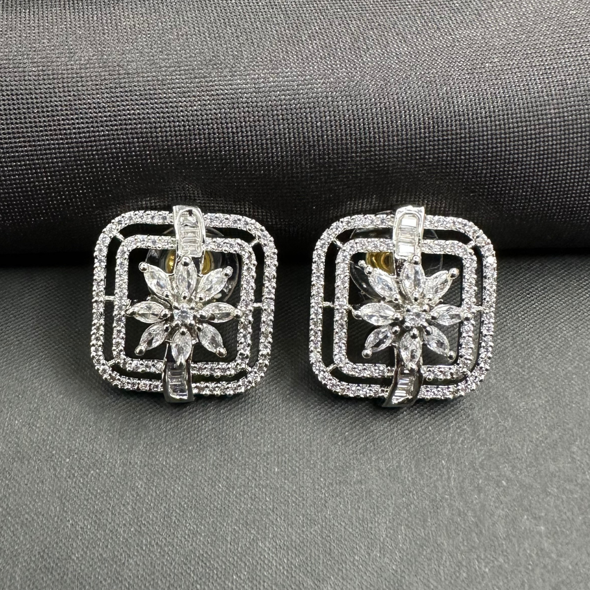 American Diamond Square Shaped Flower Stud Earrings