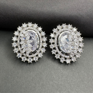 American Diamond Oval Shape Stud Earrings In Rhodium Polish