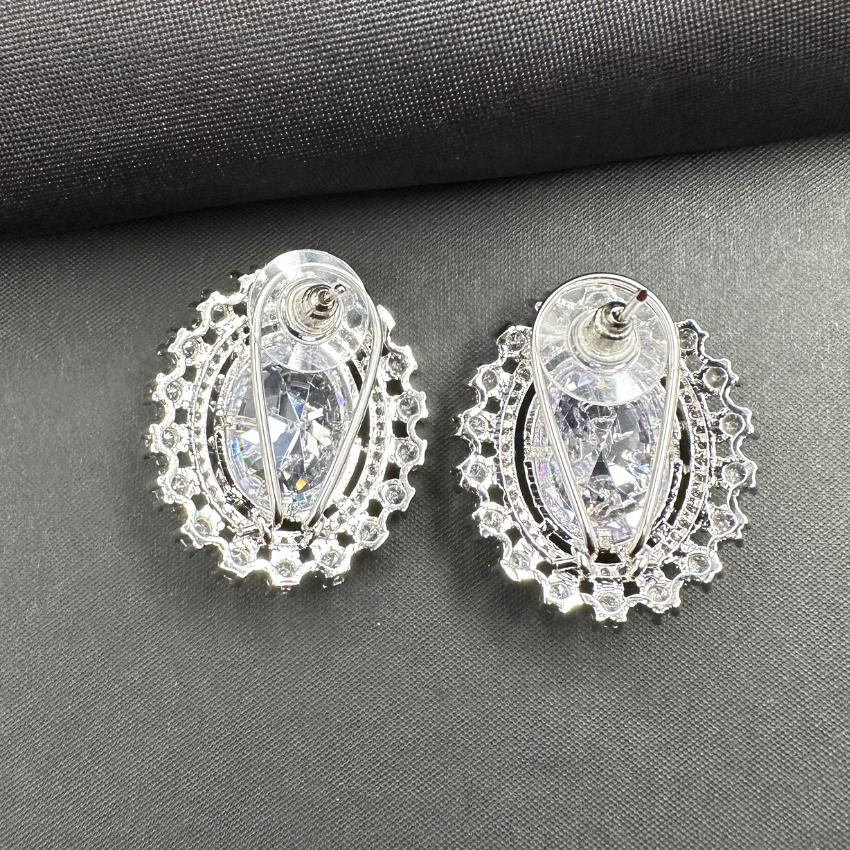 American Diamond Oval Shape Stud Earrings In Rhodium Polish