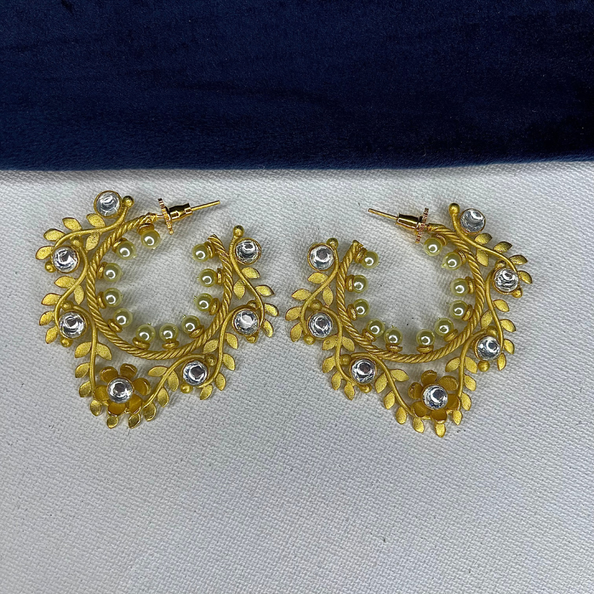 Flower Pearl Semi Hoop Earring- golden