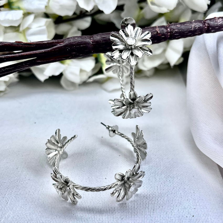 Oversized Flower Hoop Earrings- Silver Polish