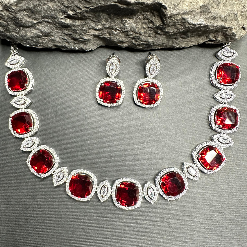 Faux American Diamond Doublet Neck Set- Hydro Red