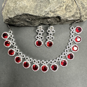 Classic Silver Tone Red American Diamond Studded Set For Women