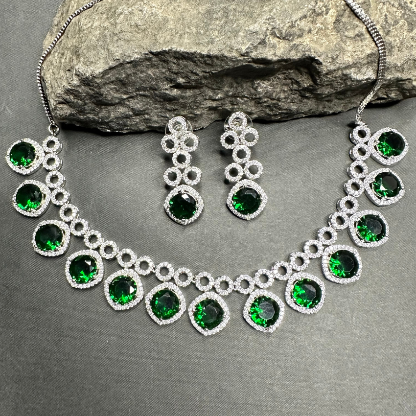 Classic Silver Tone Green American Diamond Studded Set For Women