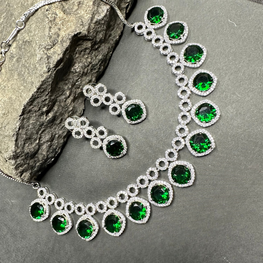 Classic Silver Tone Green American Diamond Studded Set For Women