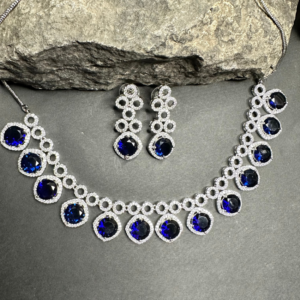 Classic Silver Tone Blue American Diamond Studded Set For Women