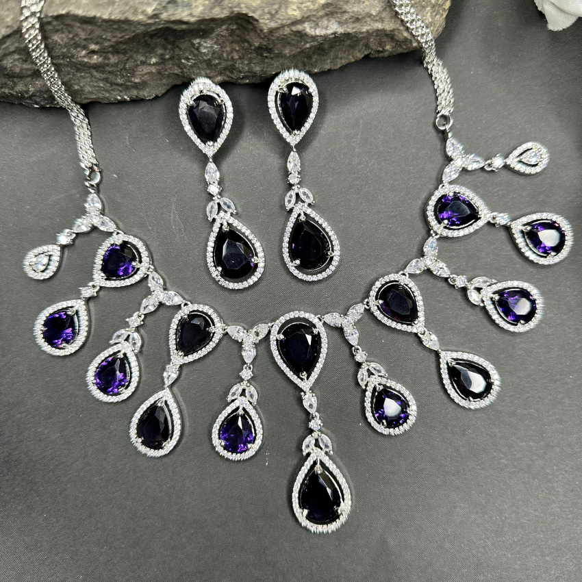 Sparkling Elegant Purple Teardrop Faux American Diamond Doublet Necklace