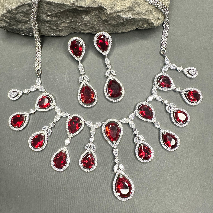 Sparkling Elegant Red Teardrop Faux American Diamond Doublet Necklace