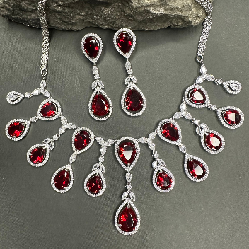 Sparkling Elegant Red Teardrop Faux American Diamond Doublet Necklace